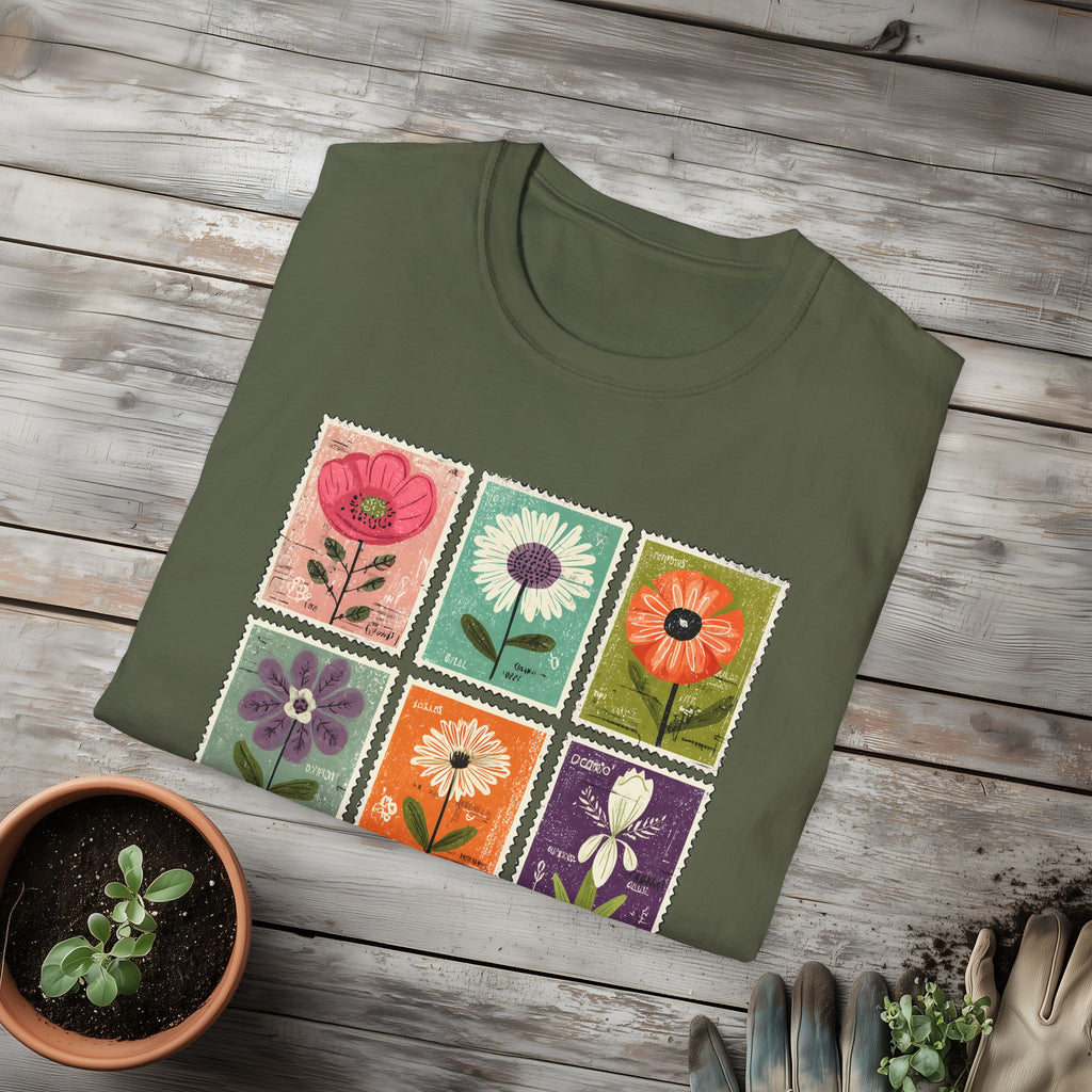 Whimsical Flower Stamp Collage T-Shirt for Gardeners