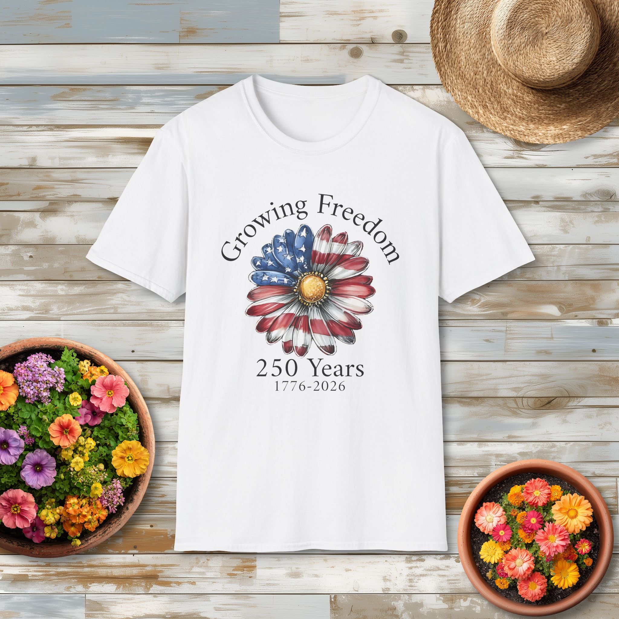 Growing Freedom T-Shirt – 250 Years Patriotic Daisy Design