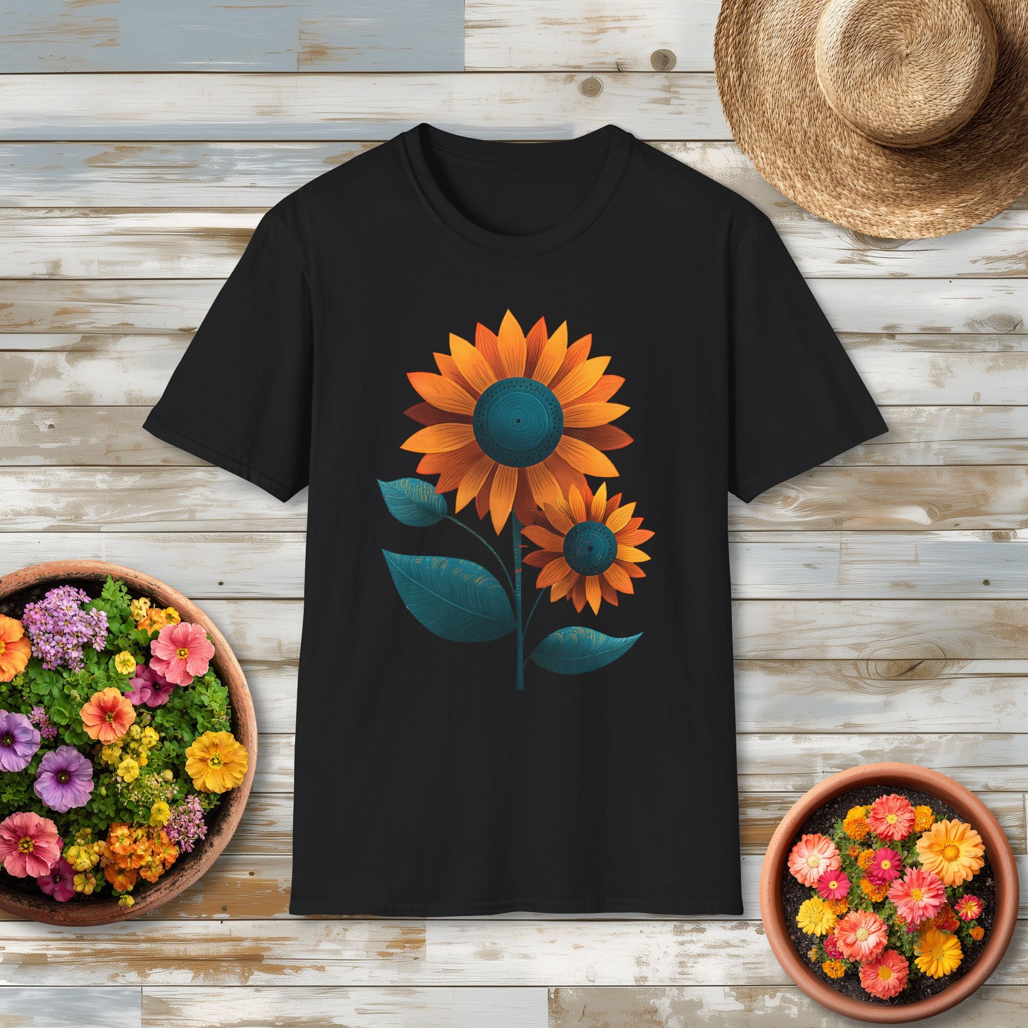Minimalist Sunflower Duo T-Shirt – Modern Garden Style