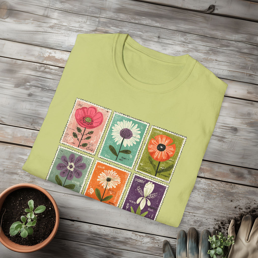 Whimsical Flower Stamp Collage T-Shirt for Gardeners