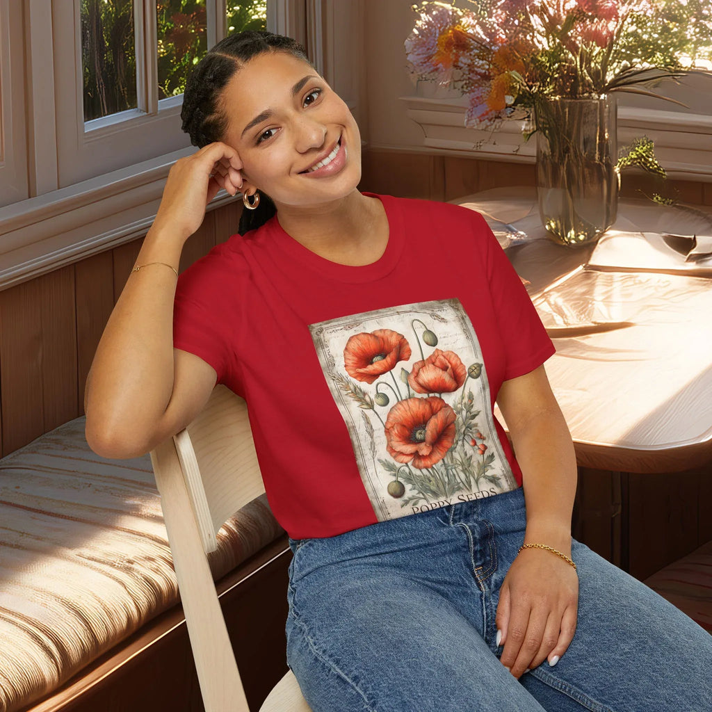 Scarlet Blooms Poppies Vintage Seed Packet T-Shirt for Gardeners