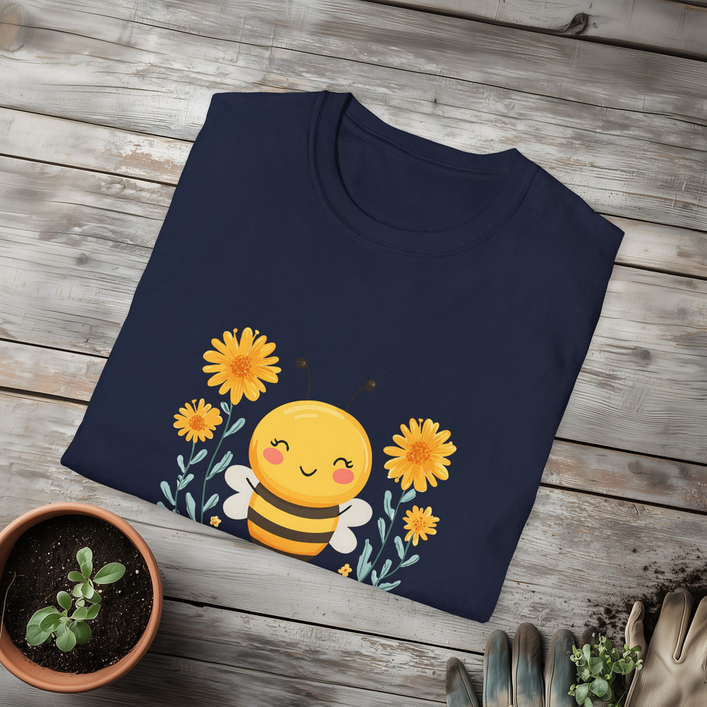 Cartoon Bee Happy Unisex T-Shirt for Gardeners, Nature Lovers, Bee Enthusiasts