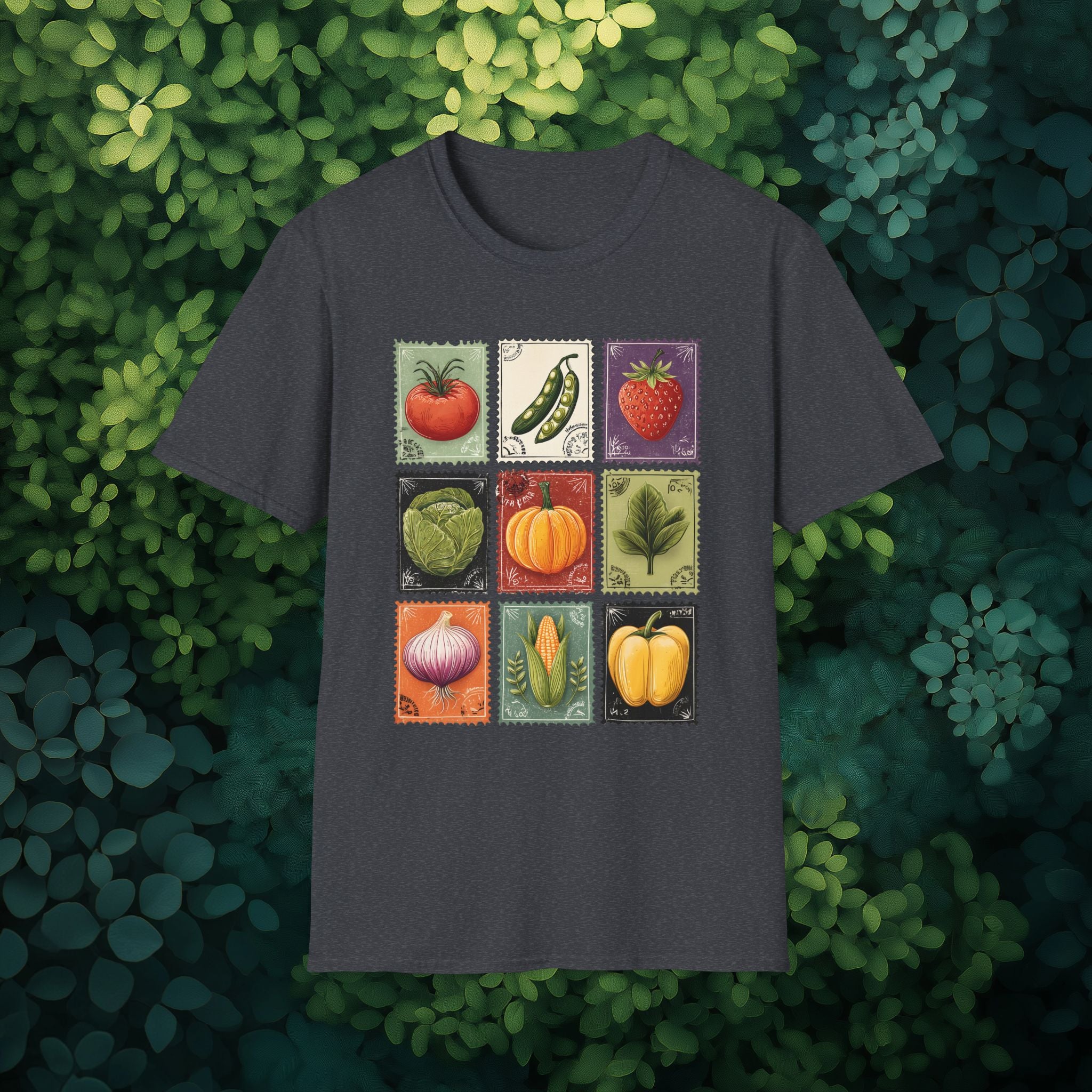 Vintage Garden Vegetable Stamp Collage T-Shirt for Gardeners