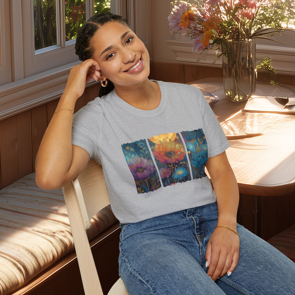 Floral  Brushstroke Triptych Unisex T-Shirt for Gardeners, Nature Lovers, Yoga Enthusiasts