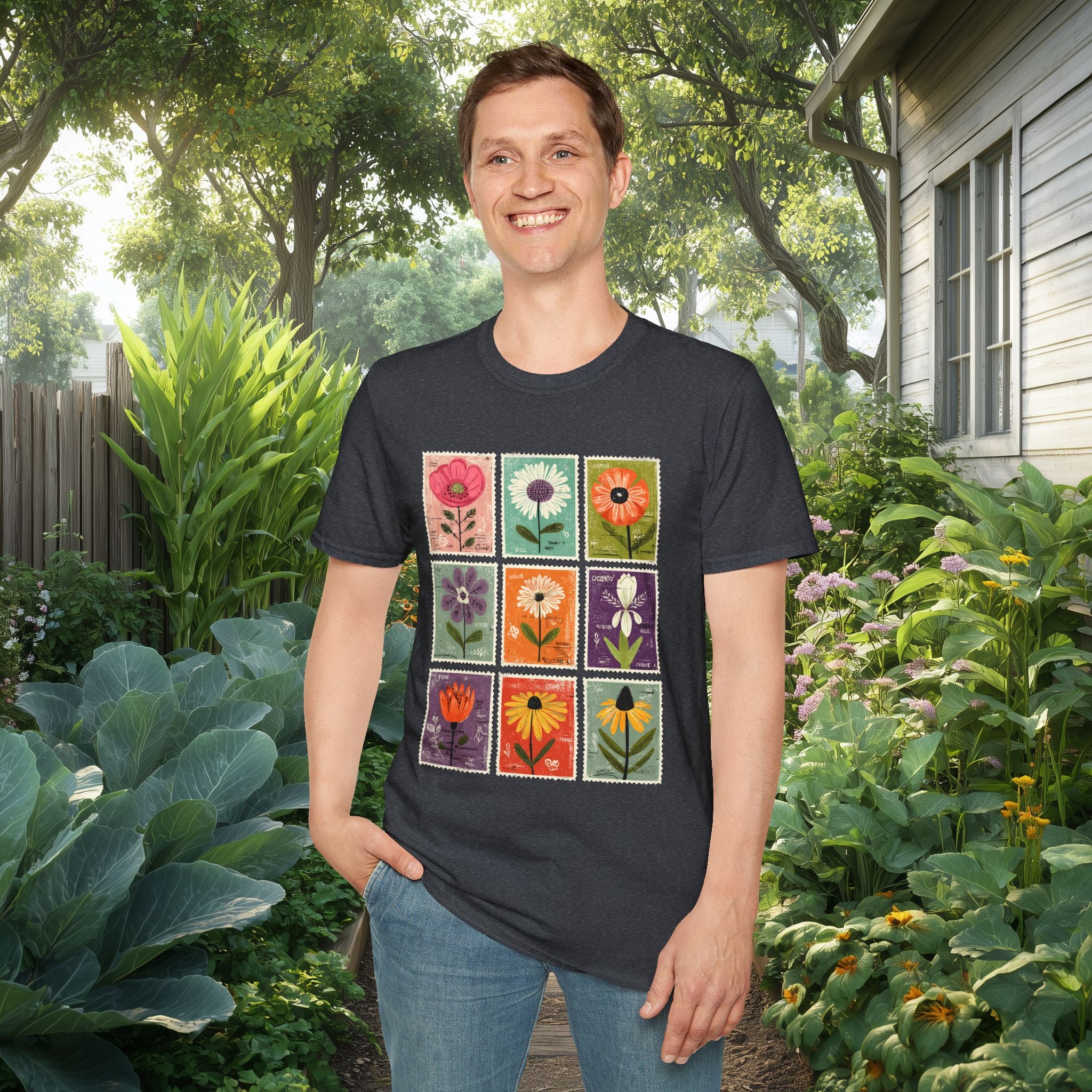 Whimsical Flower Stamp Collage T-Shirt for Gardeners