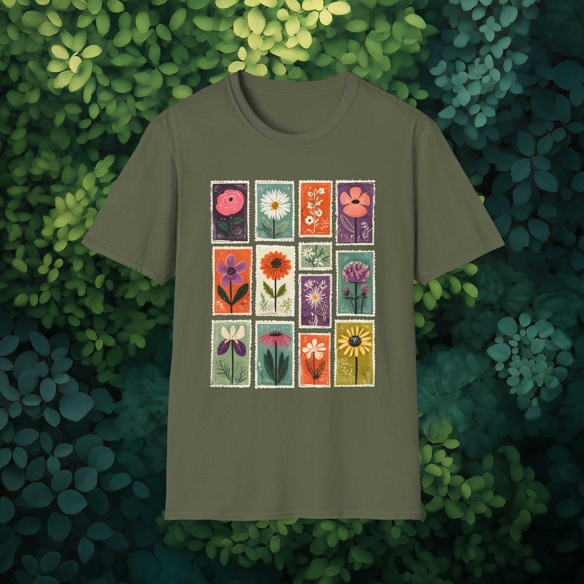 Charming Flower Stamp Collage T-Shirt for Gardeners