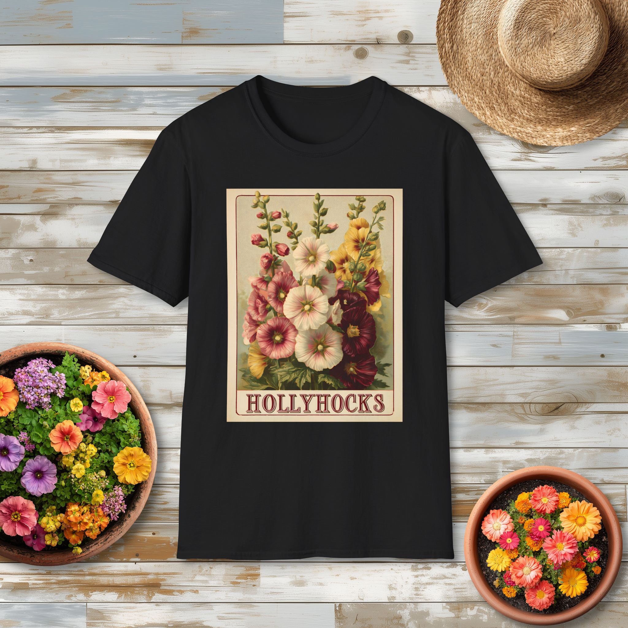 Vintage Hollyhock Seed Packet Unisex T-Shirt for Gardeners, Nature Lovers, Summer Casual Wear