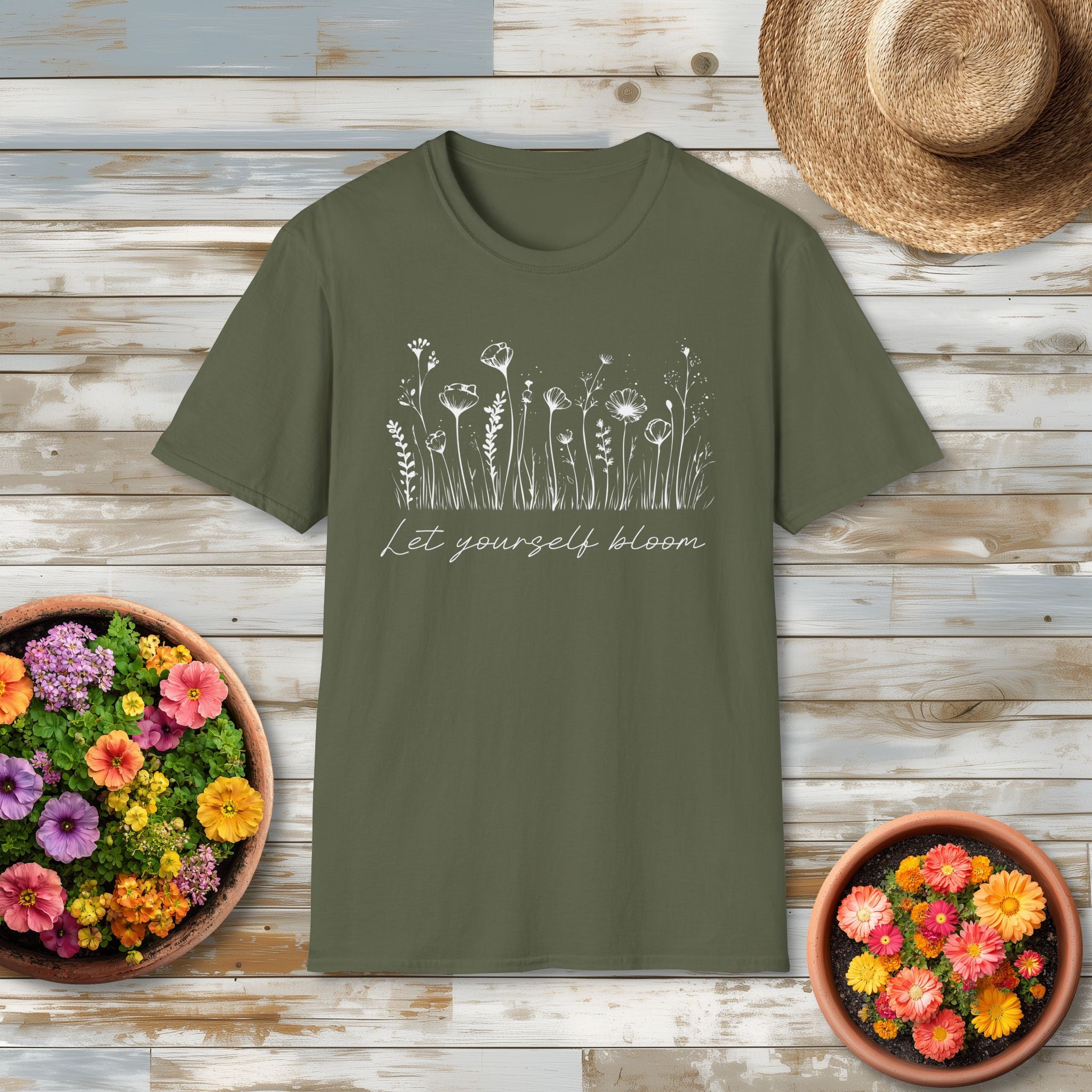 Let Yourself Bloom Motivational Wildflower Line Art T-Shirt
