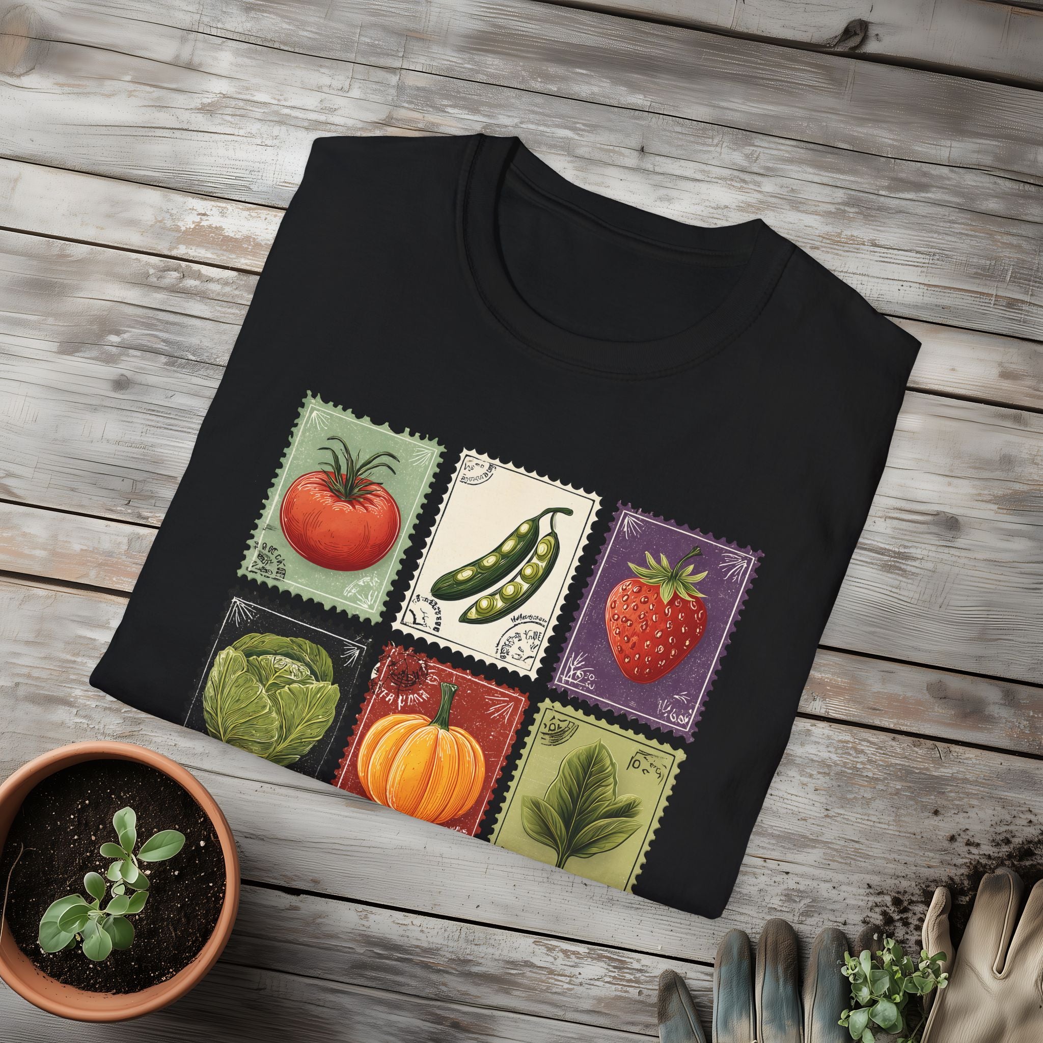 Vintage Garden Vegetable Stamp Collage T-Shirt for Gardeners