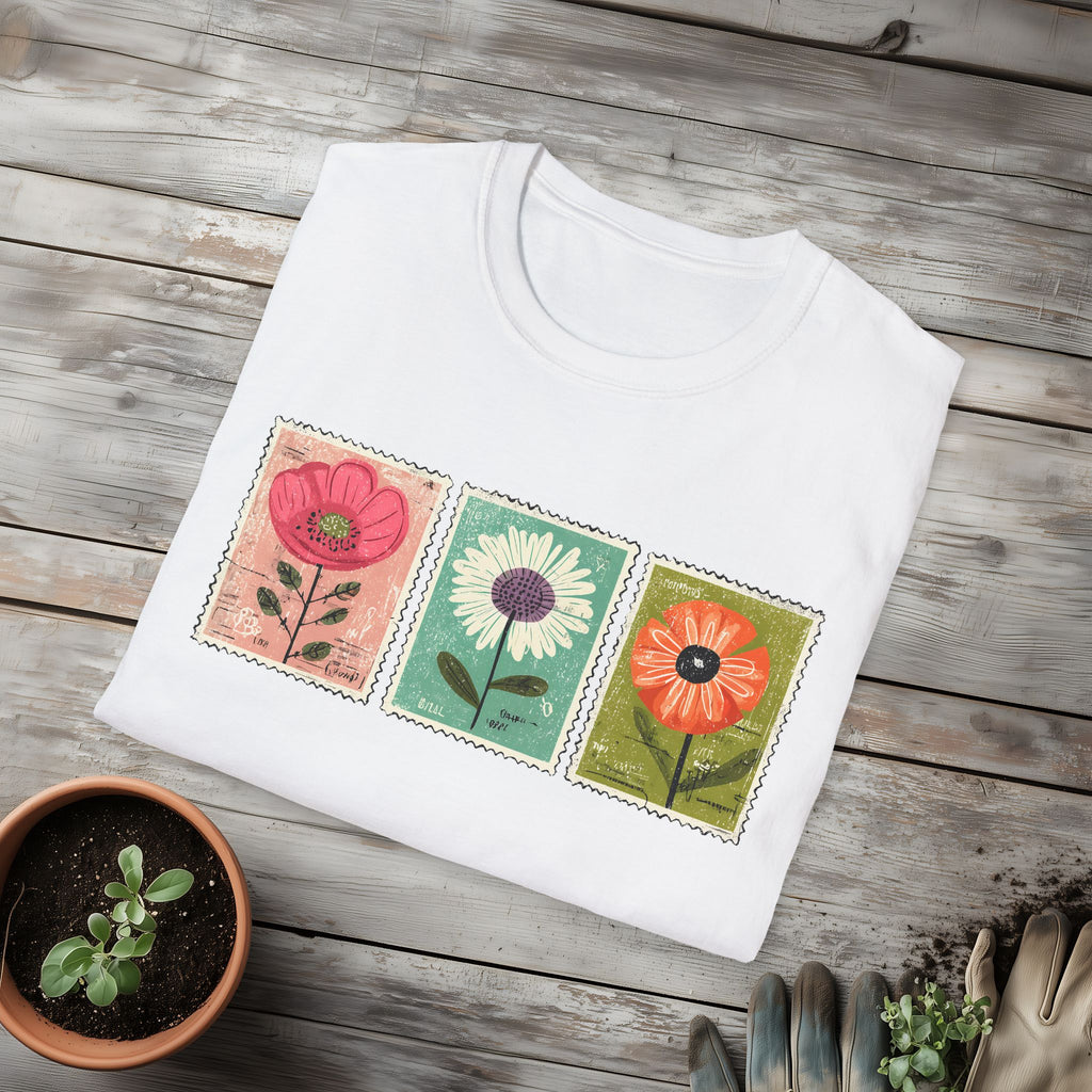 Charming Floral Stamp Trio T-Shirt for Gardeners
