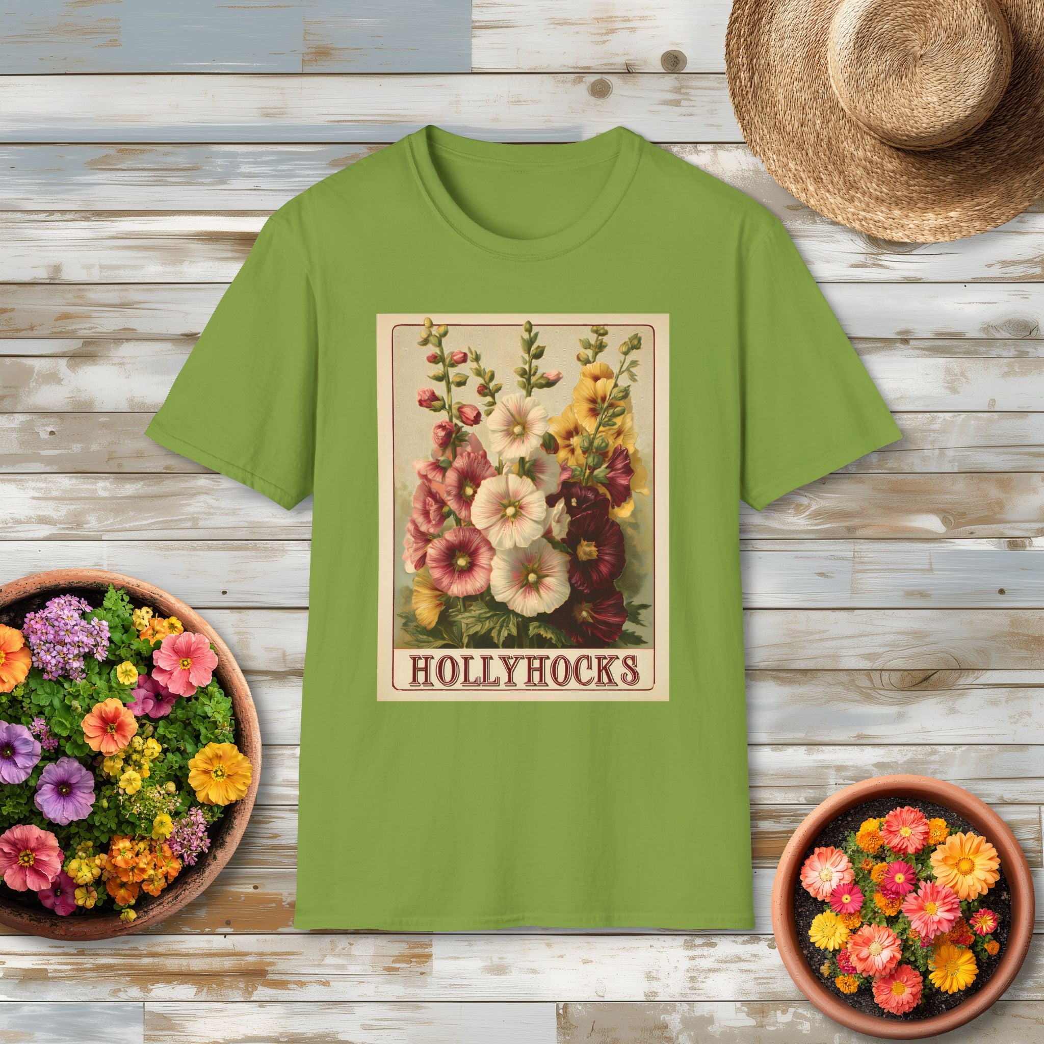 Vintage Hollyhock Seed Packet Unisex T-Shirt for Gardeners, Nature Lovers, Summer Casual Wear