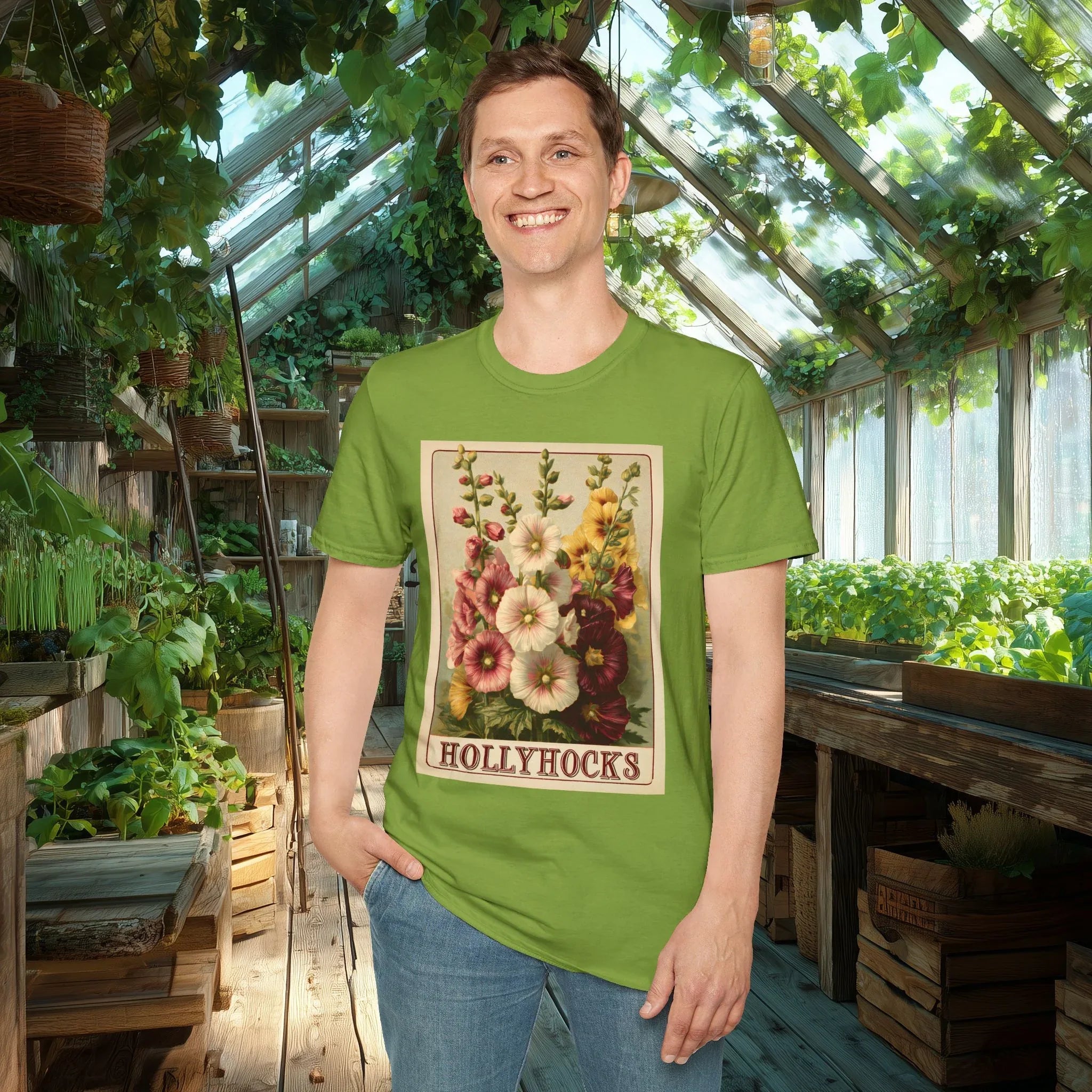 Hollyhock Vintage Seed Packet T-Shirt for Gardeners