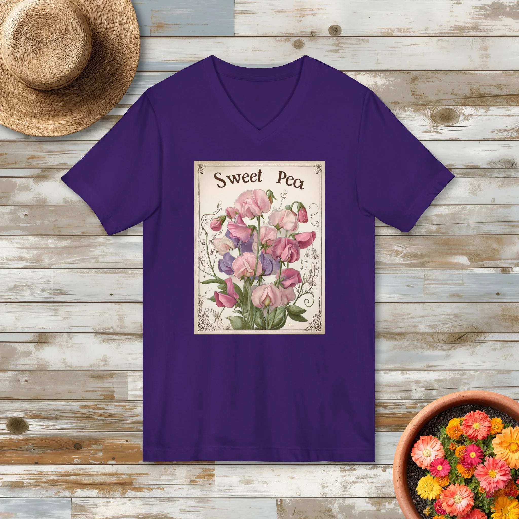Sweet Pea Vintage Seed Packet V-Neck Shirt