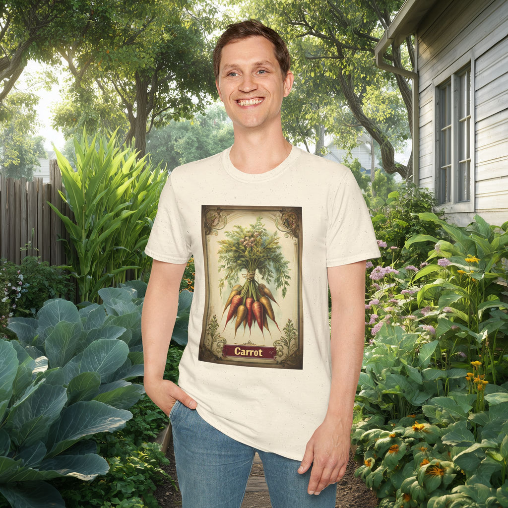 Retro Carrot Vegetable Seed Packet Unisex T-Shirt for Gardeners, Nature Lovers, Summer Casual Wear