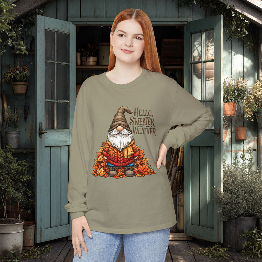 Hello Sweater Weather Garden Gnome Long Sleeve Tee