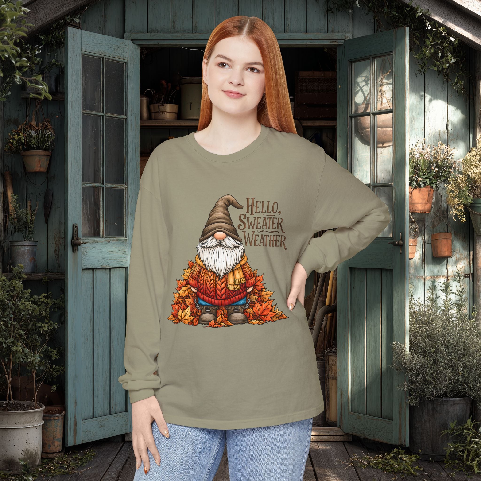 Hello Sweater Weather Garden Gnome Long Sleeve Tee