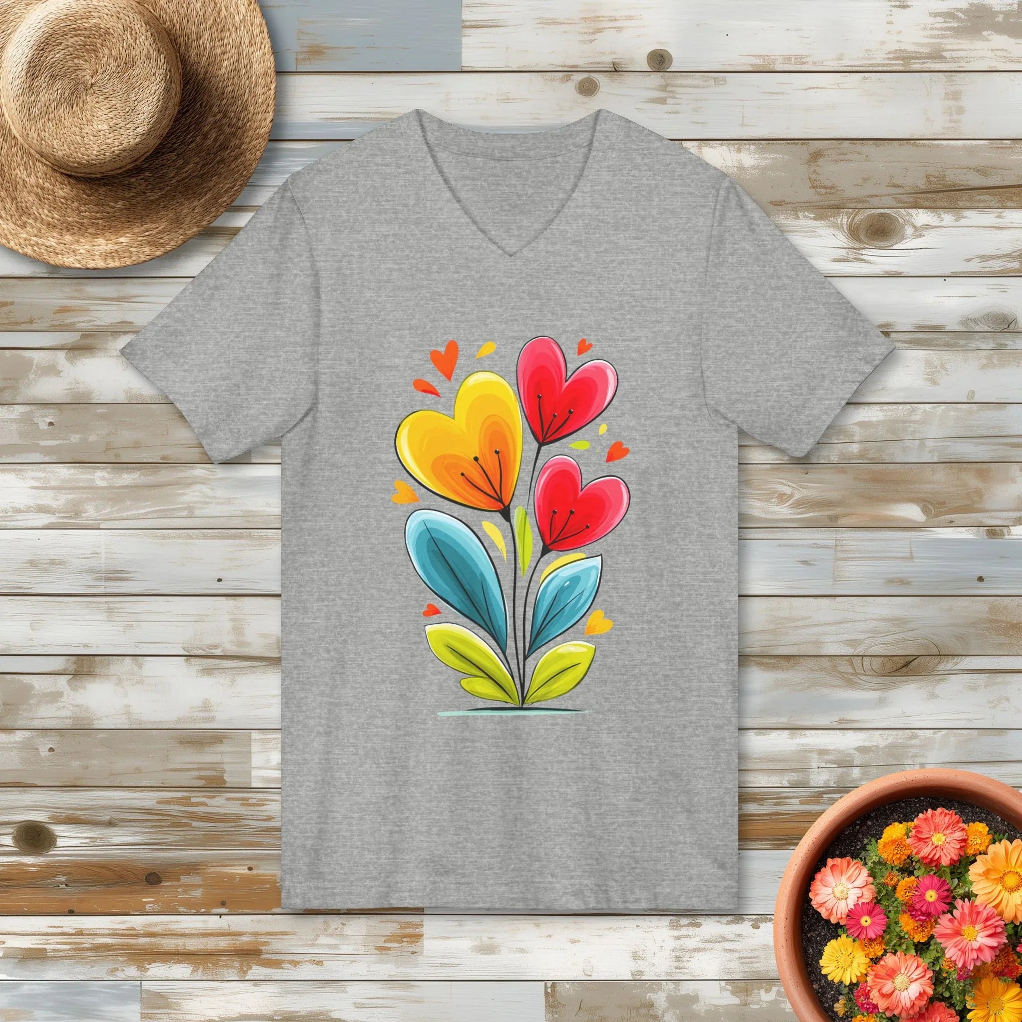 Vibrant Floral Heart Garden V-Neck T-Shirt for Flower Lovers