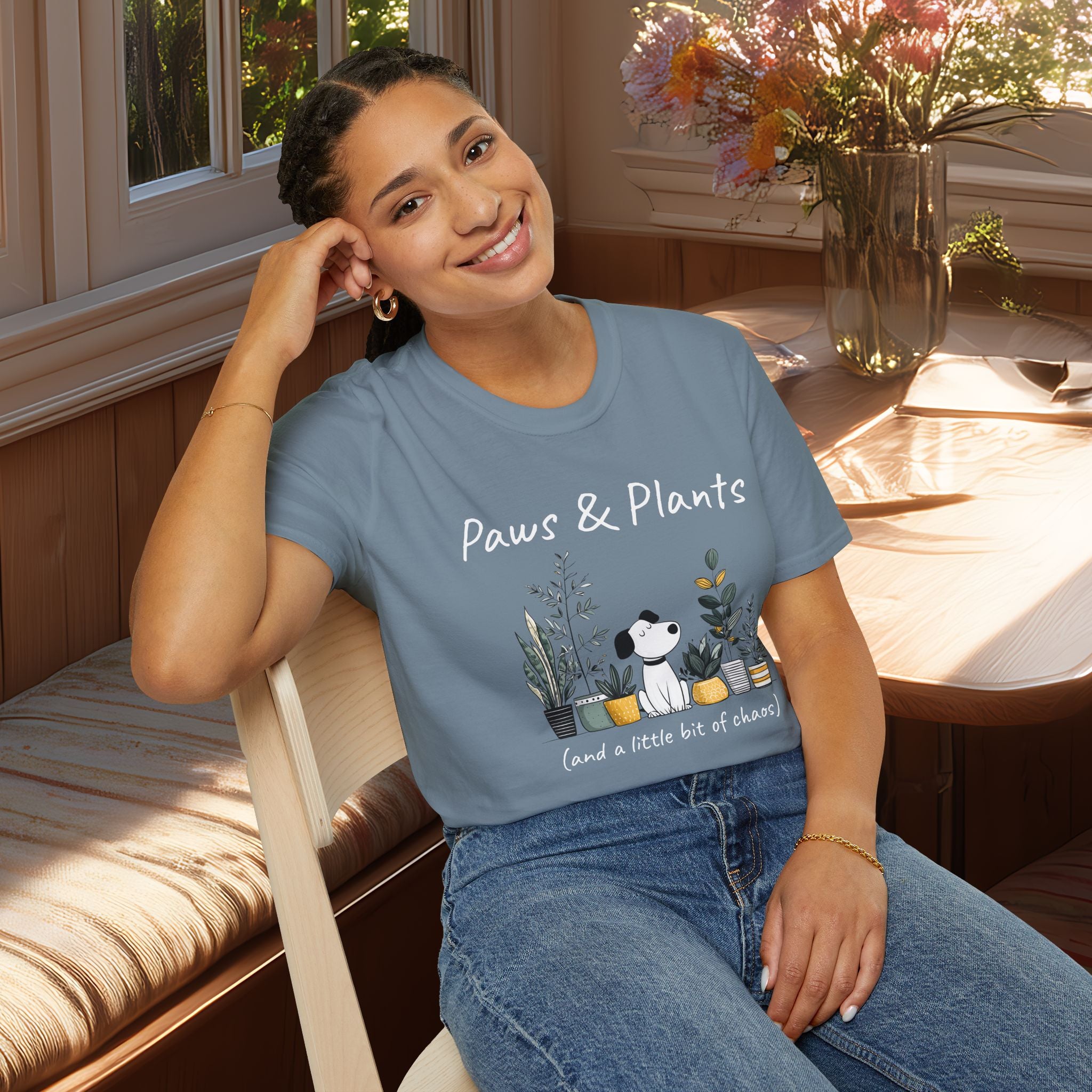 Cute Dog and Plants Tee – “Paws & Plants (and a little bit of chaos)”