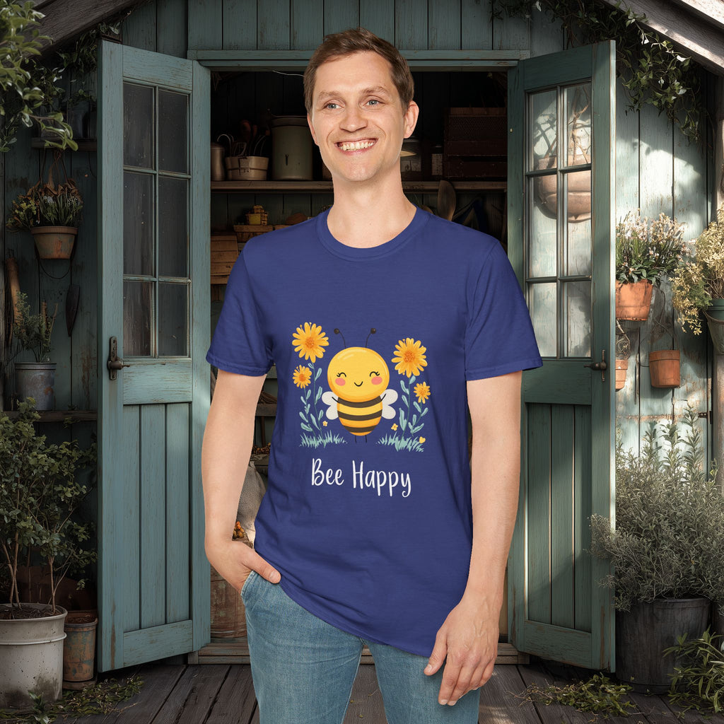 Cartoon Bee Happy Unisex T-Shirt for Gardeners, Nature Lovers, Bee Enthusiasts