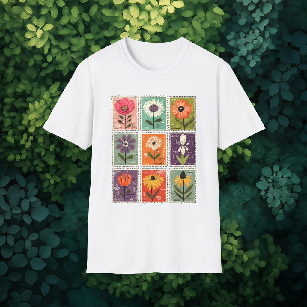 Whimsical Flower Stamp Collage T-Shirt for Gardeners