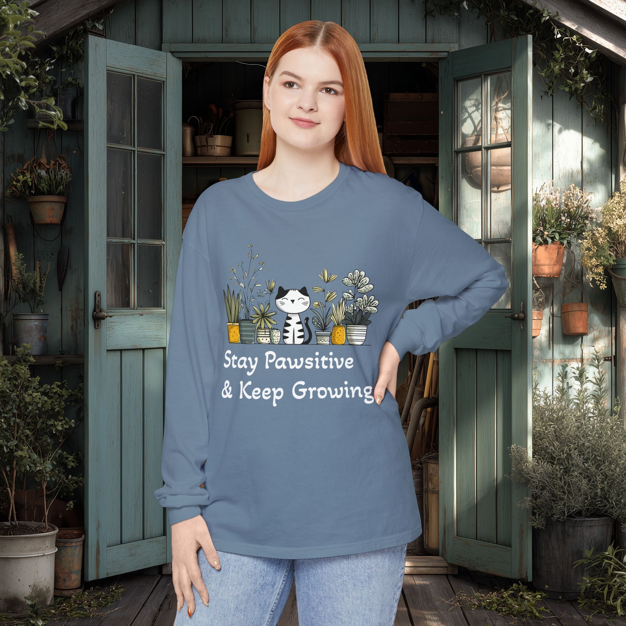 Stay Pawsitive & Keep Growing Cat Lover Long Sleeve T-Shirt