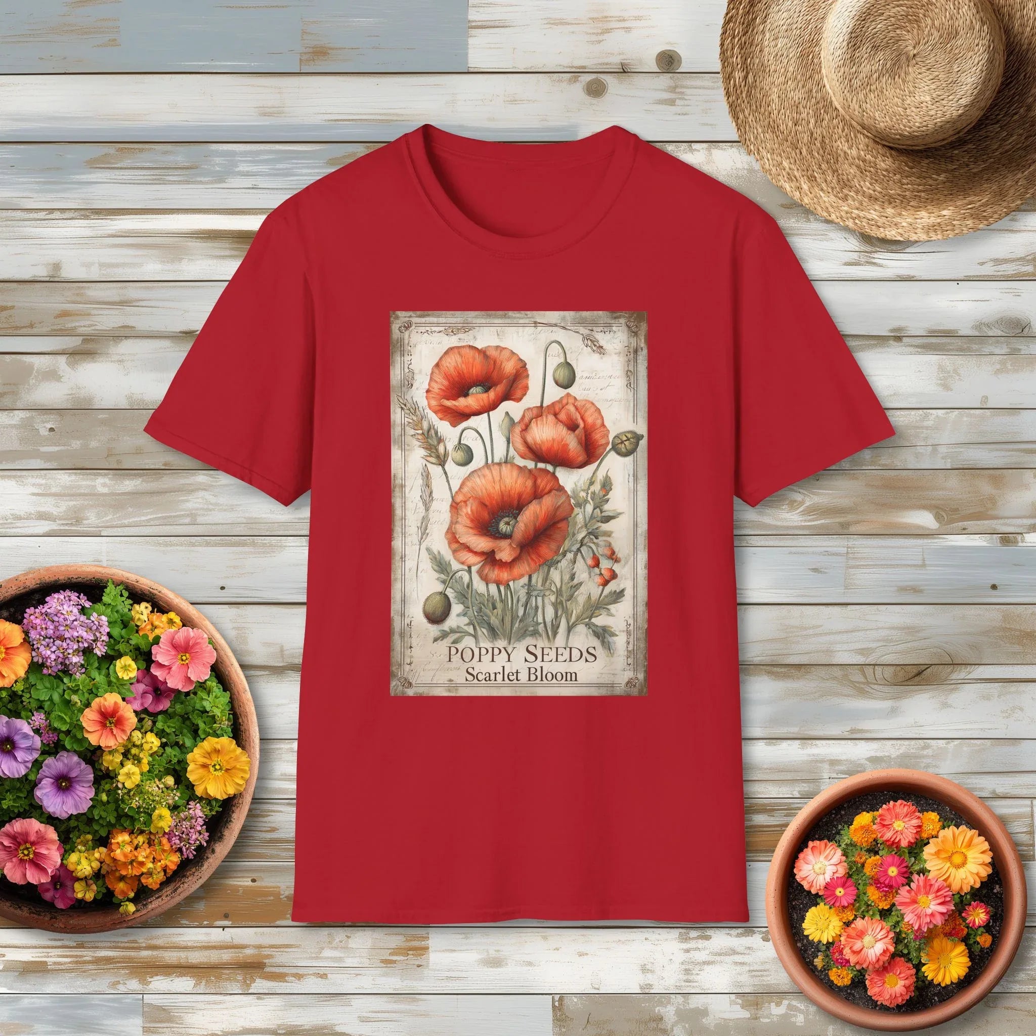 Scarlet Blooms Poppies Vintage Seed Packet T-Shirt for Gardeners