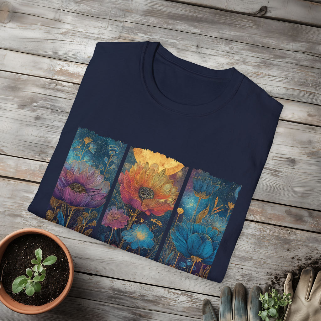 Floral  Brushstroke Triptych Unisex T-Shirt for Gardeners, Nature Lovers, Yoga Enthusiasts