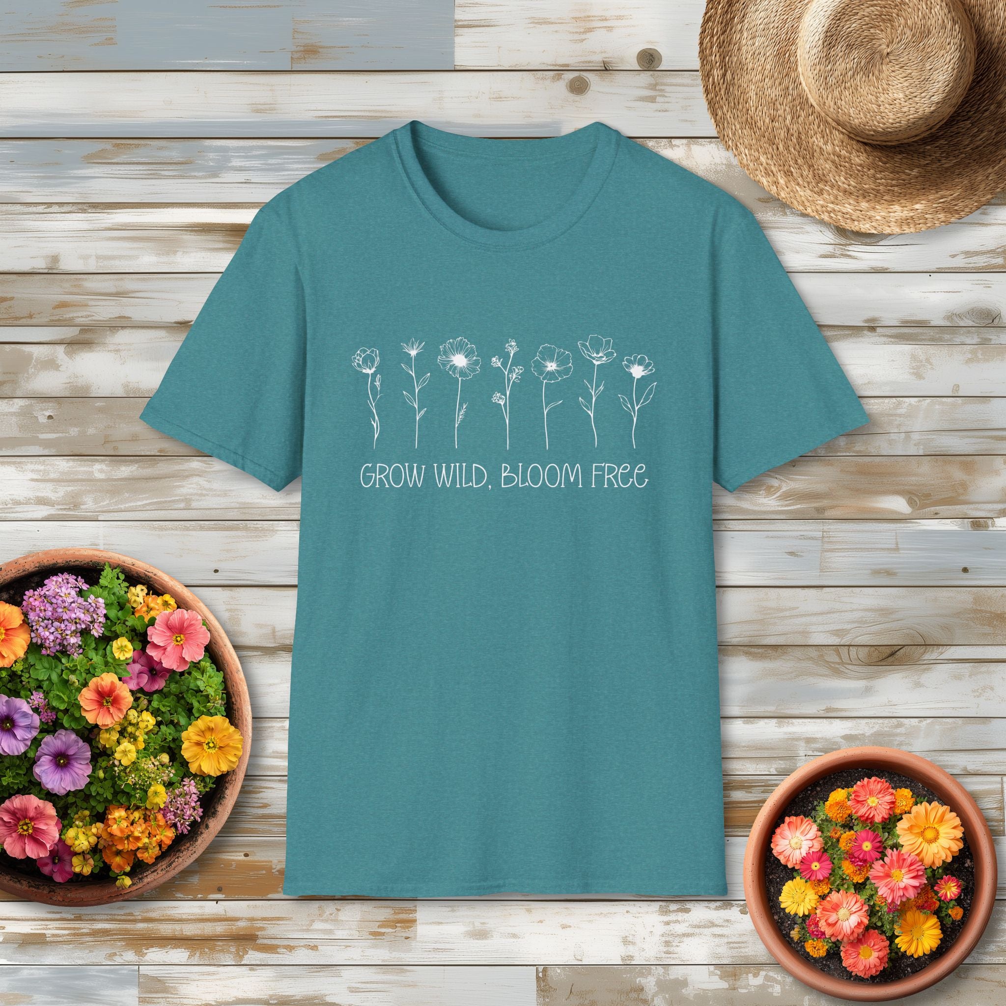 Grow Wild, Bloom Free Wildflower Line Art Motivational T-Shirt
