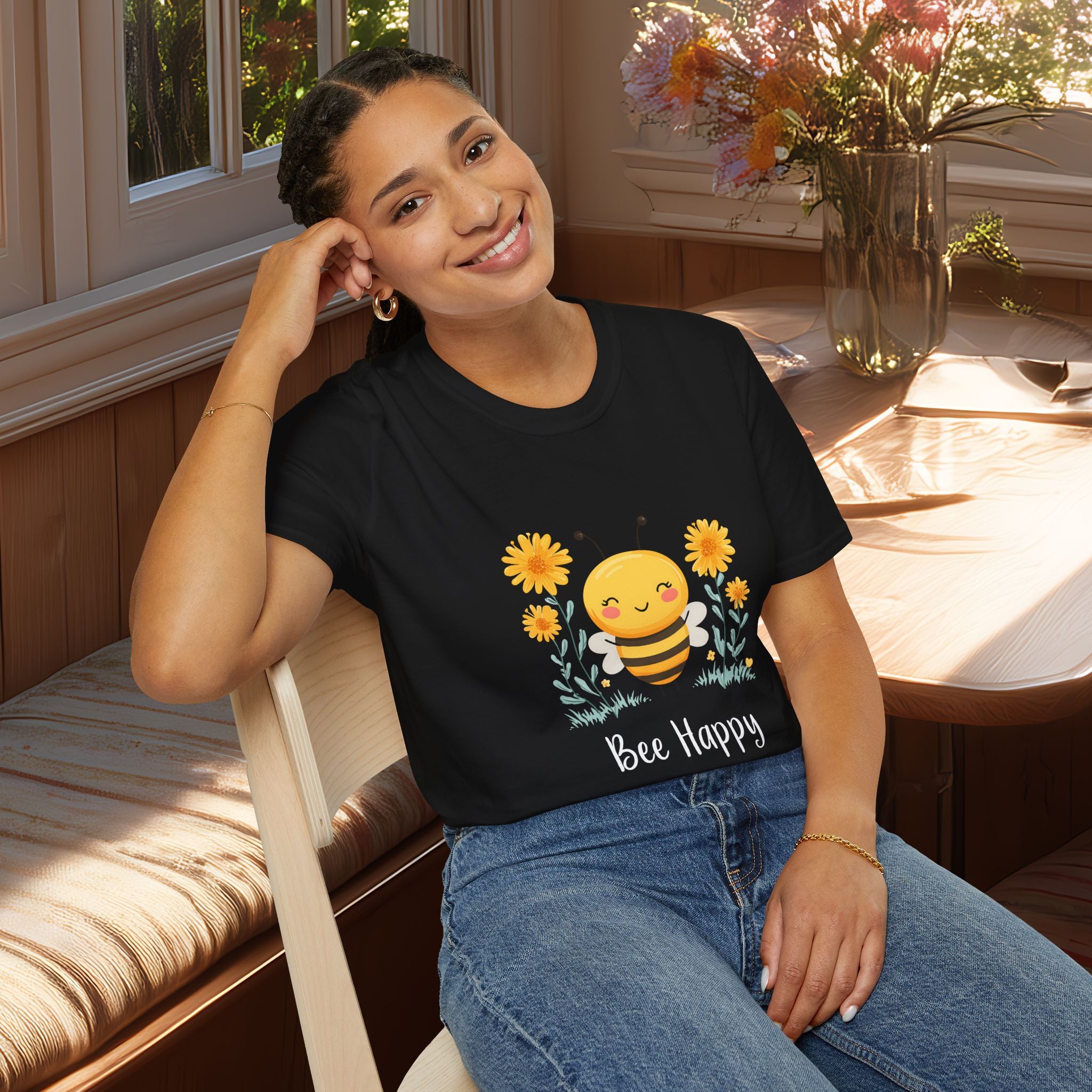 Cartoon Bee Happy Unisex T-Shirt for Gardeners, Nature Lovers, Bee Enthusiasts