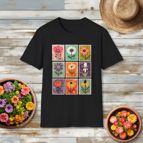 Whimsical Flower Stamp Collage T-Shirt for Gardeners