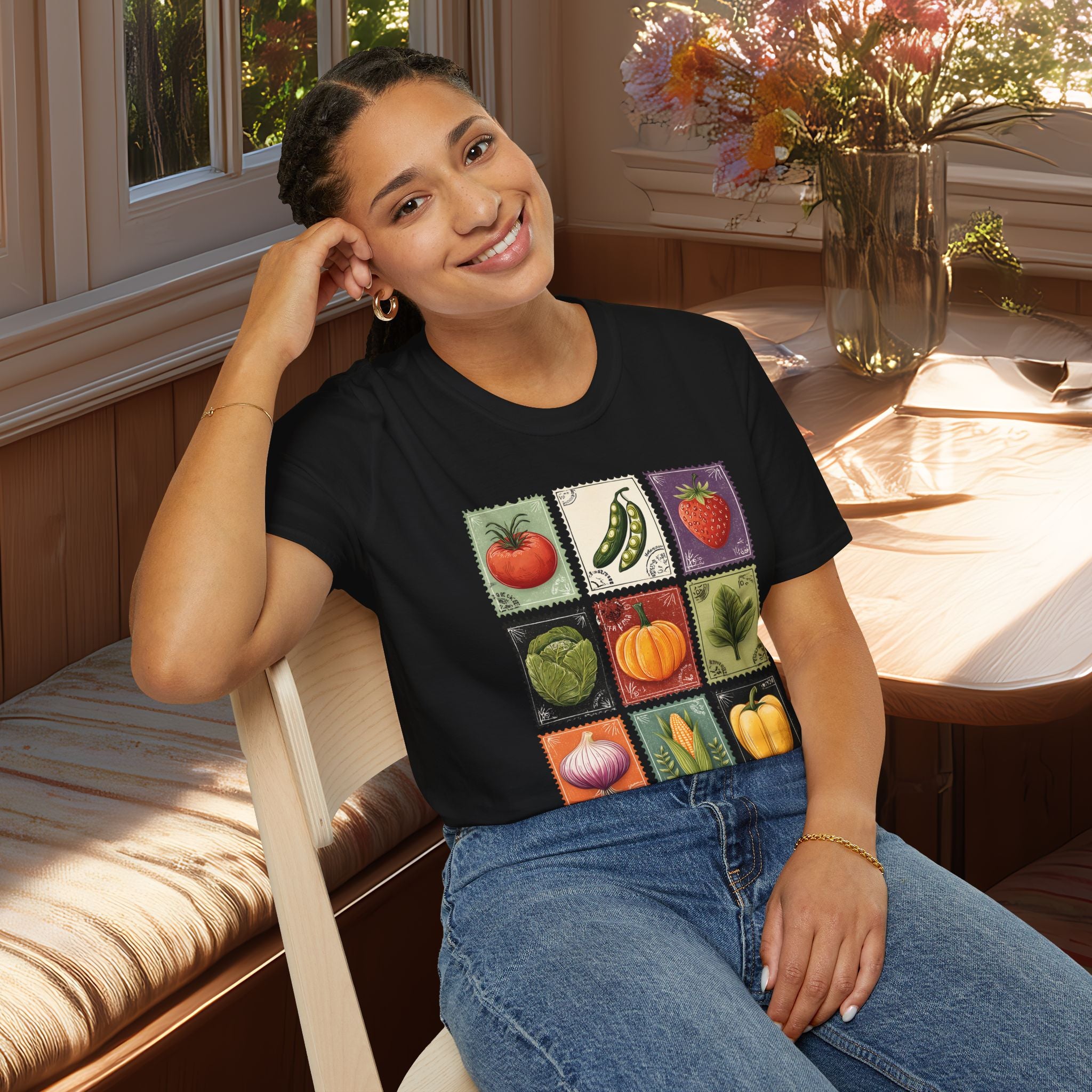 Vintage Garden Vegetable Stamp Collage T-Shirt for Gardeners
