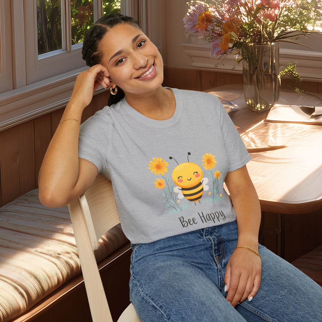 Cartoon Bee Happy Unisex T-Shirt for Gardeners, Nature Lovers, Bee Enthusiasts
