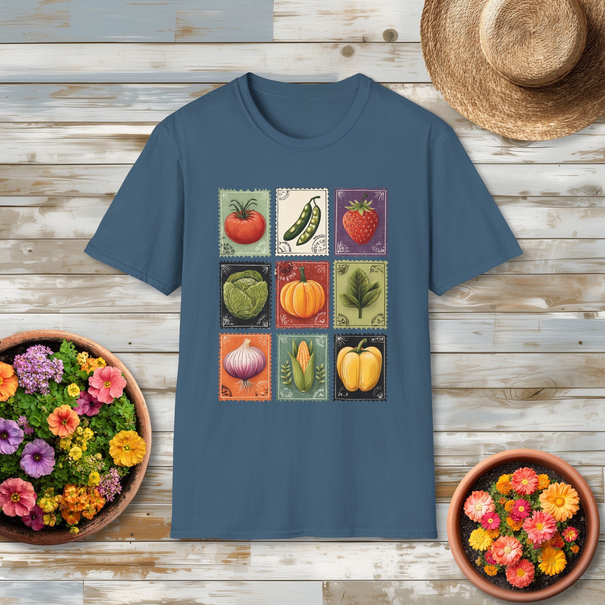 Garden Vegetable Postage Stamp Collage T-Shirt for Gardeners