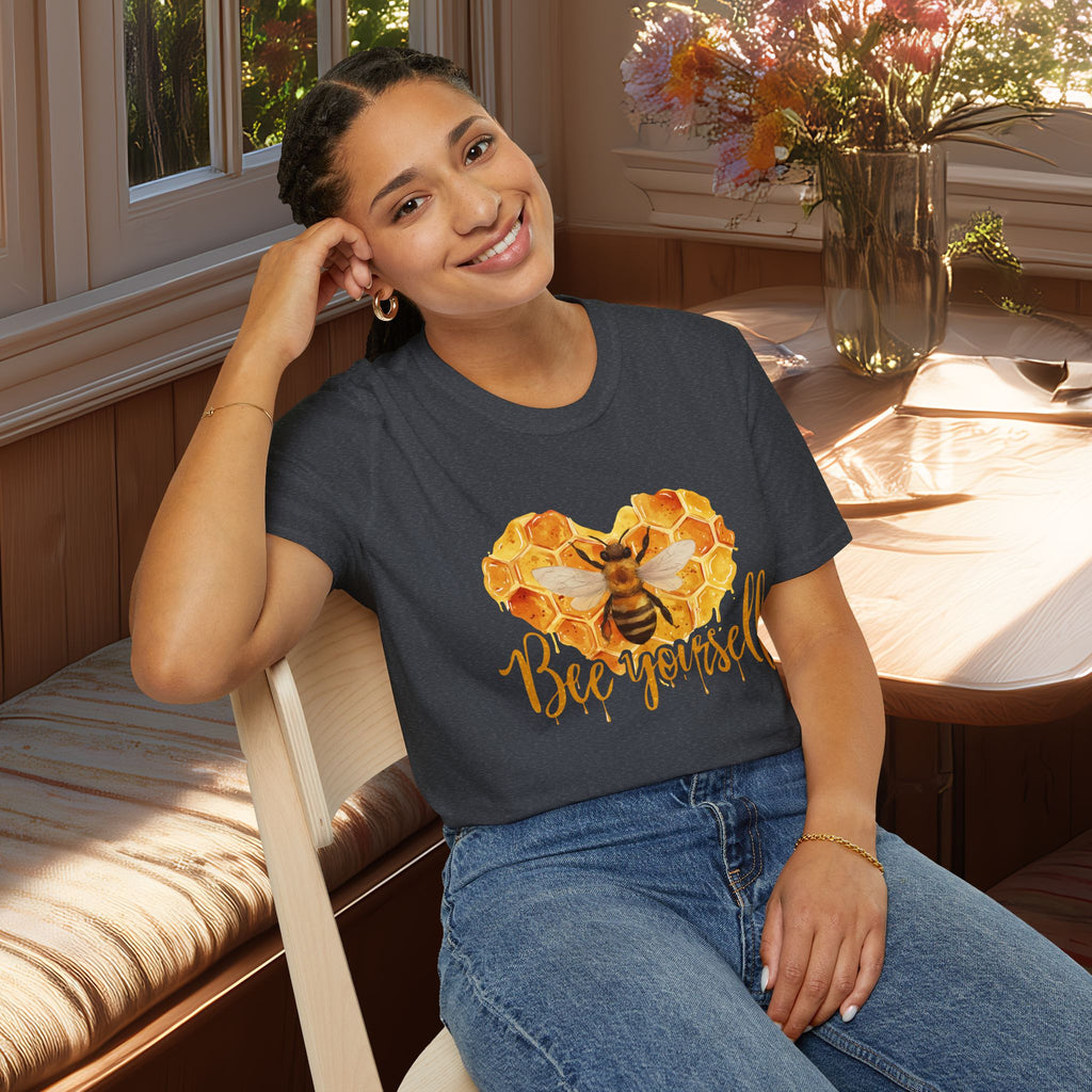 Sweet Honeycomb Heart Bee Yourself Unisex T-Shirt for Gardeners, Nature Lovers, Bee Enthusiasts