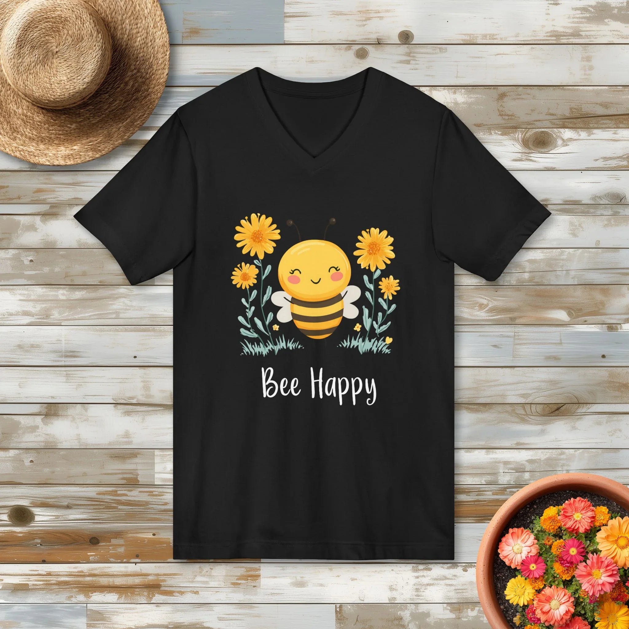 Cartoon Bee Happy V-Neck Shirt