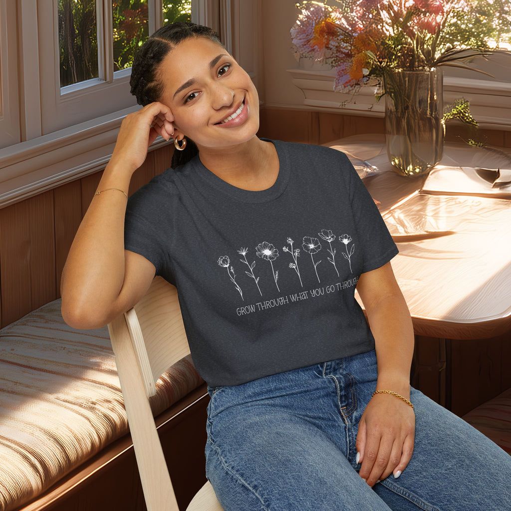 Wildflower Line Art Grow Through What You Go Through Motivational T-Shirt