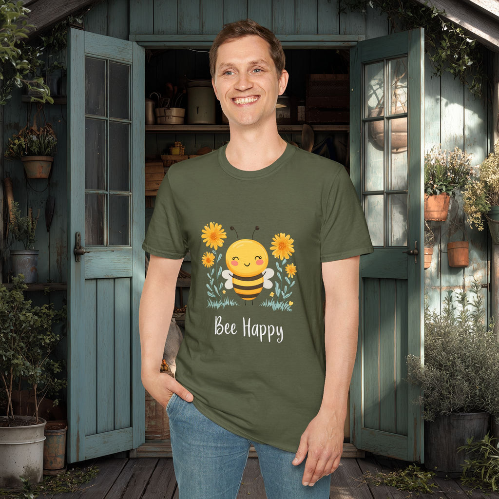 Cartoon Bee Happy Unisex T-Shirt for Gardeners, Nature Lovers, Bee Enthusiasts