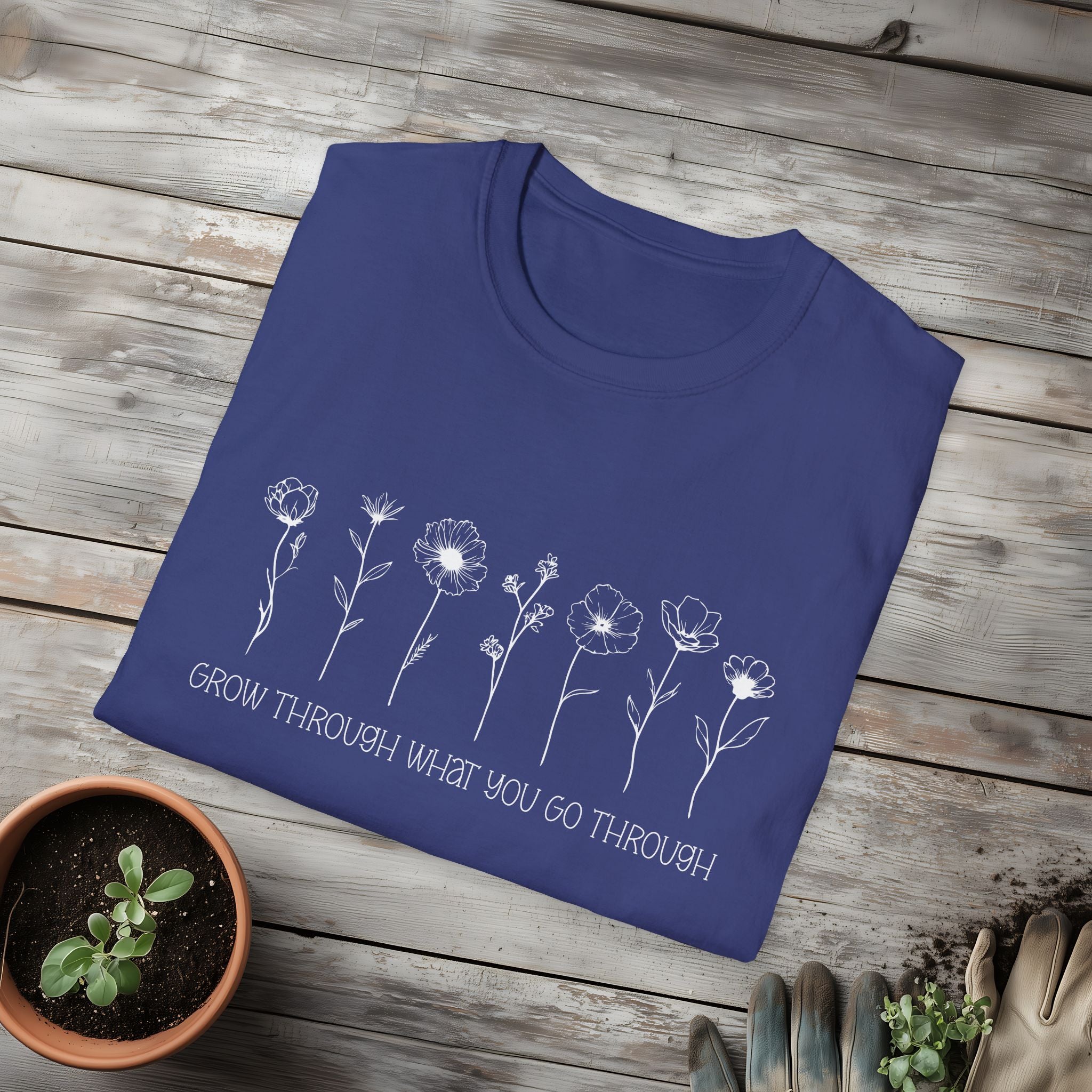 Wildflower Line Art Grow Through What You Go Through Motivational T-Shirt