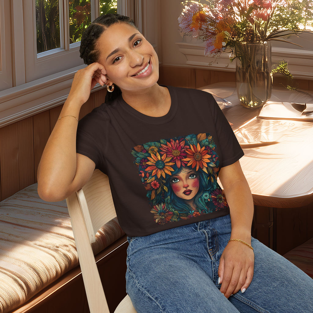 Floral Fantasy Garden Goddess T-Shirt for Plant Lovers and Gardeners