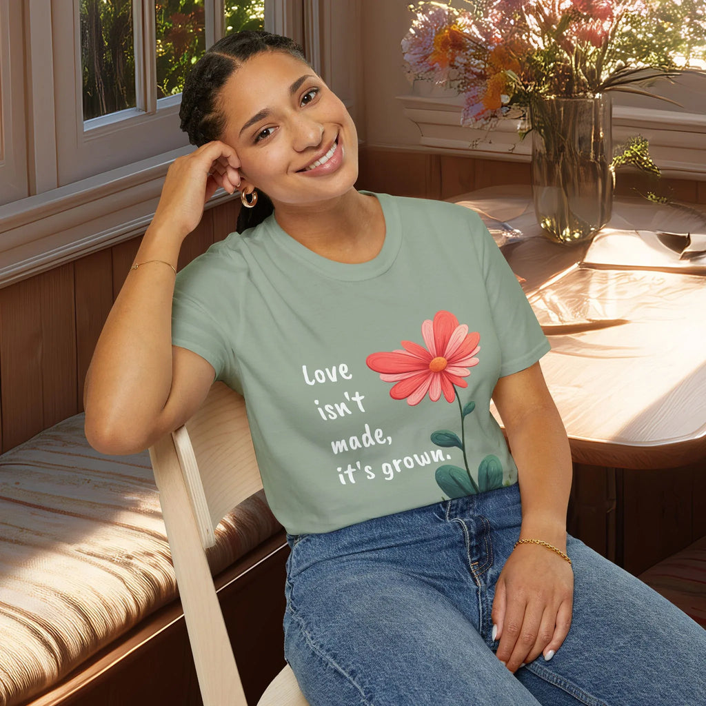 Love Isn’t Made It’s Grown T-Shirt - Whimsical Heart Flower T-Shirt