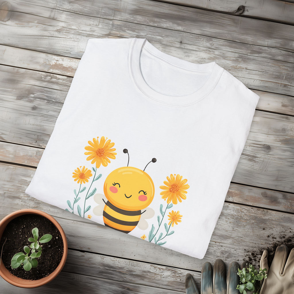 Cartoon Bee Happy Unisex T-Shirt for Gardeners, Nature Lovers, Bee Enthusiasts