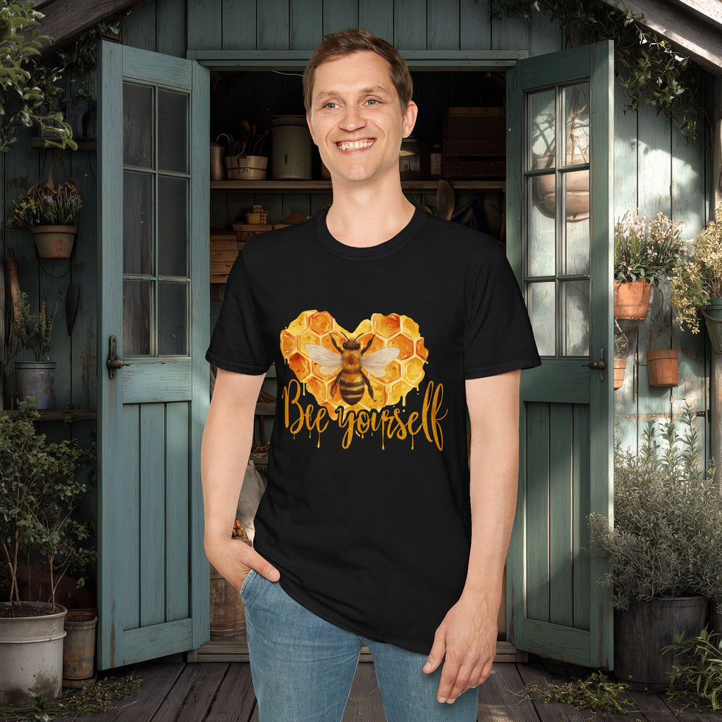 Sweet Honeycomb Heart Bee Yourself Unisex T-Shirt for Gardeners, Nature Lovers, Bee Enthusiasts