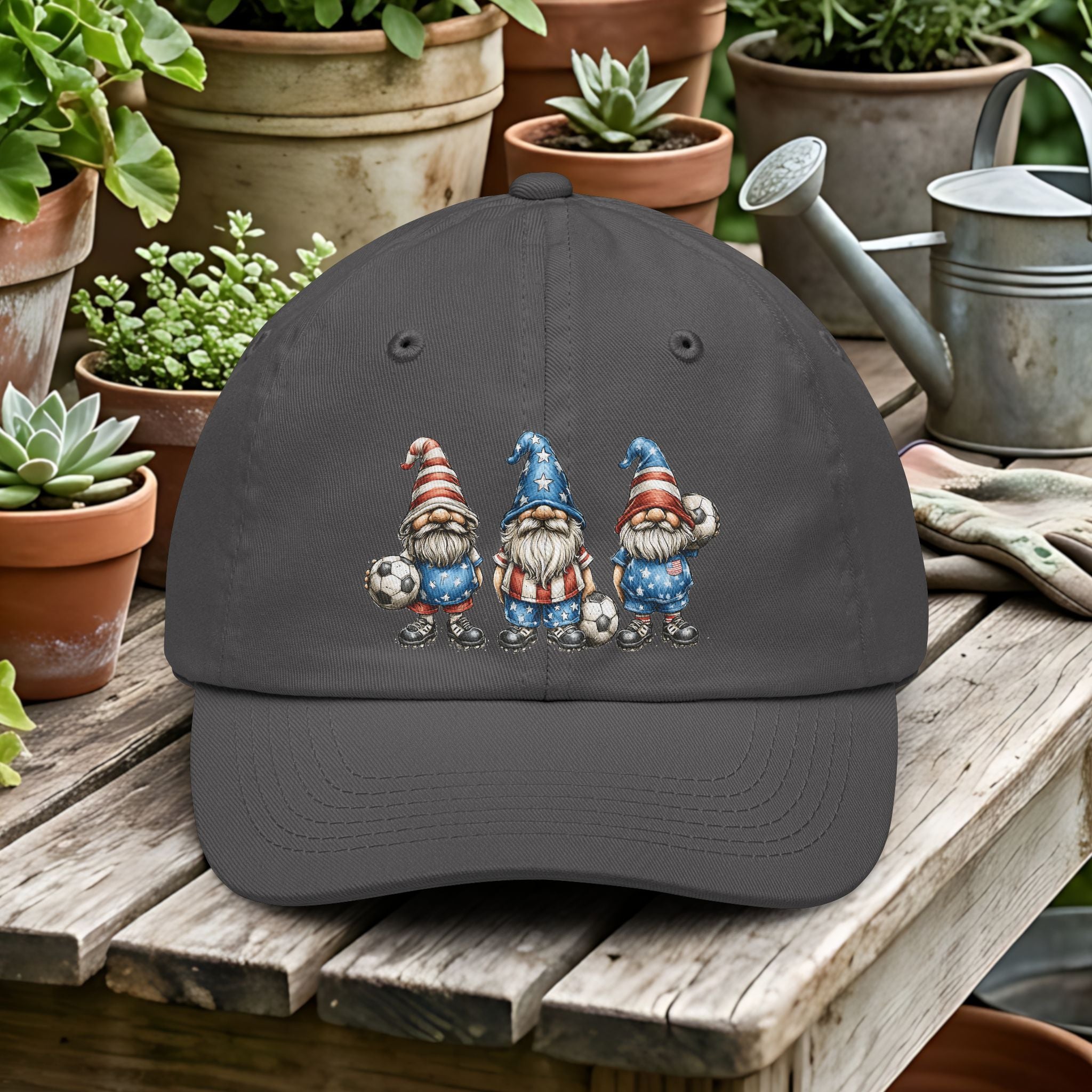 Patriotic Soccer Gnomes Dad Hat – USA Soccer Fan Garden Gnome Cap