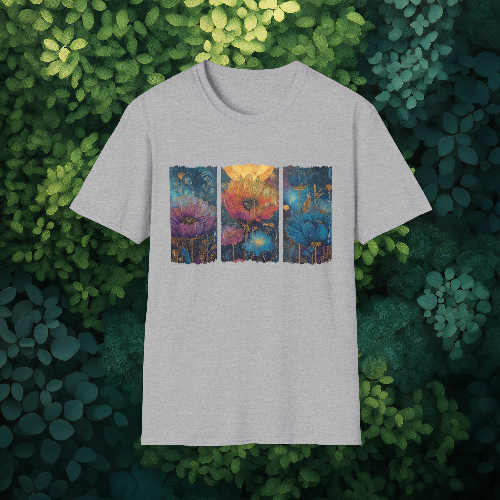 Floral  Brushstroke Triptych Unisex T-Shirt for Gardeners, Nature Lovers, Yoga Enthusiasts