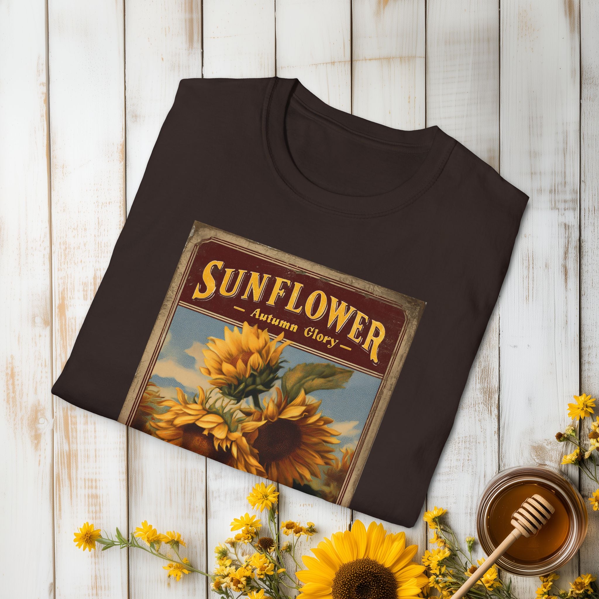 Vintage Sunflower Autumn Glory Seed Packet Unisex Softstyle T-Shirt for Gardeners, Nature Lovers