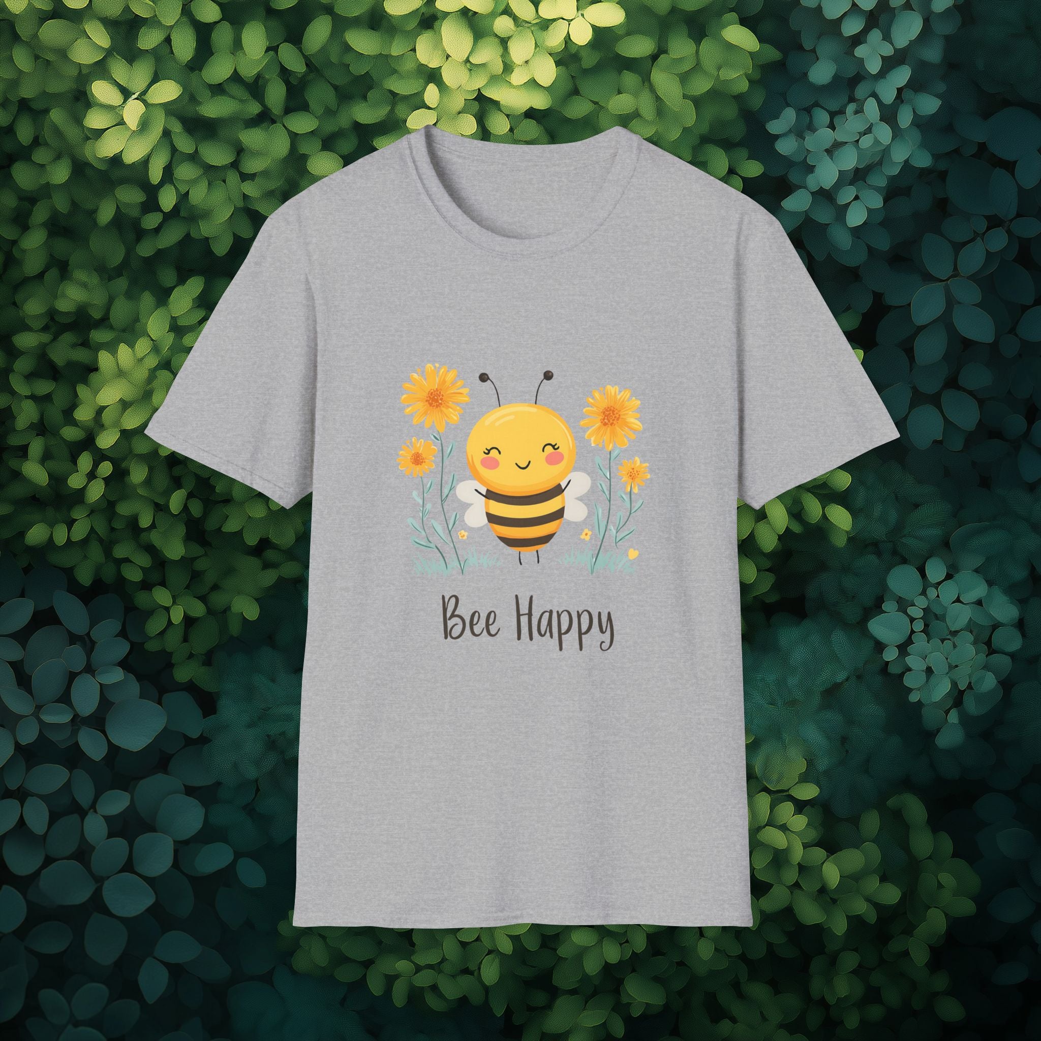 Cartoon Bee Happy Unisex T-Shirt for Gardeners, Nature Lovers, Bee Enthusiasts