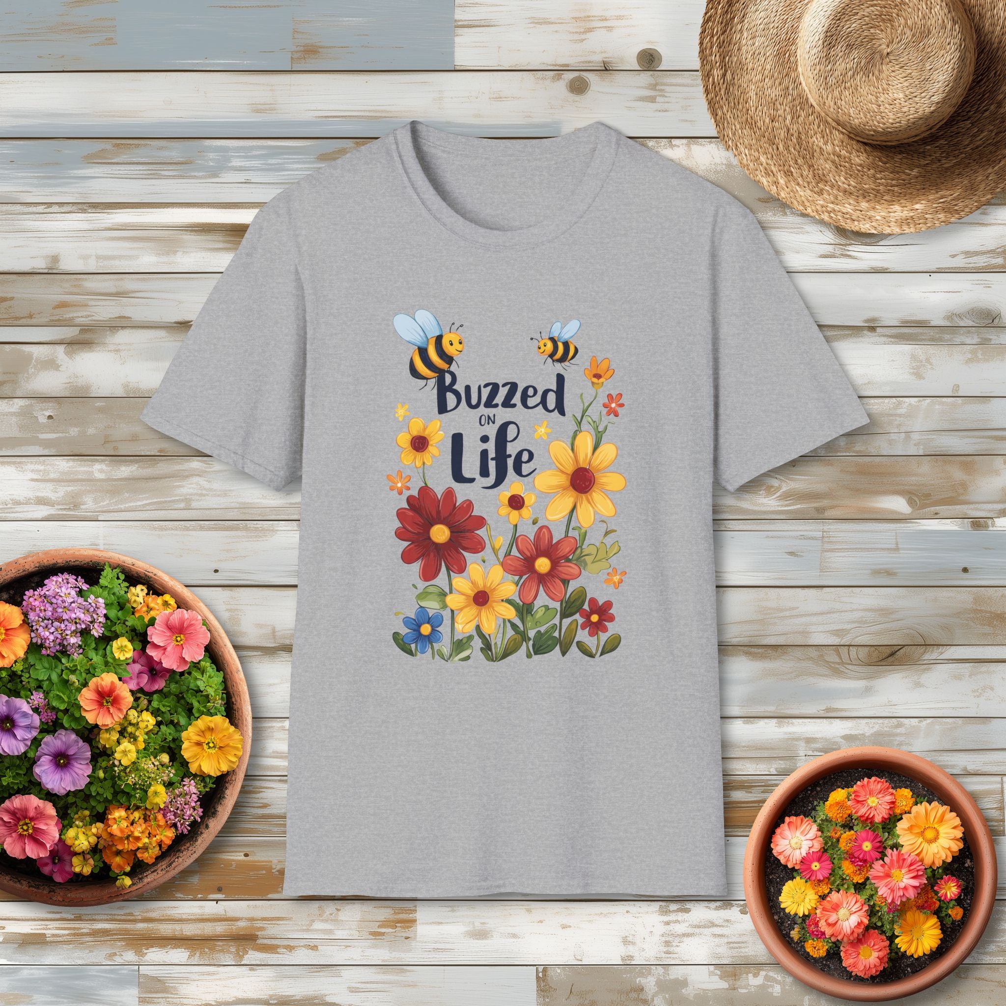 Cartoon Buzzed on Life Unisex T-Shirt for Gardeners, Nature Lovers