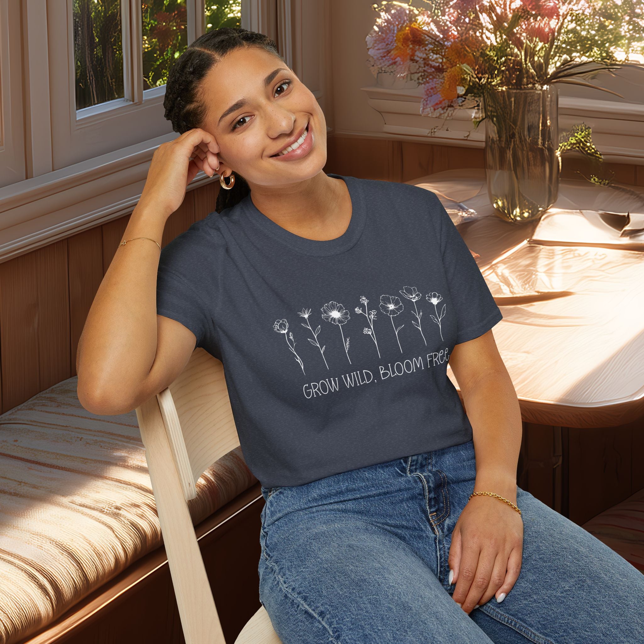 Grow Wild, Bloom Free Wildflower Line Art Motivational T-Shirt