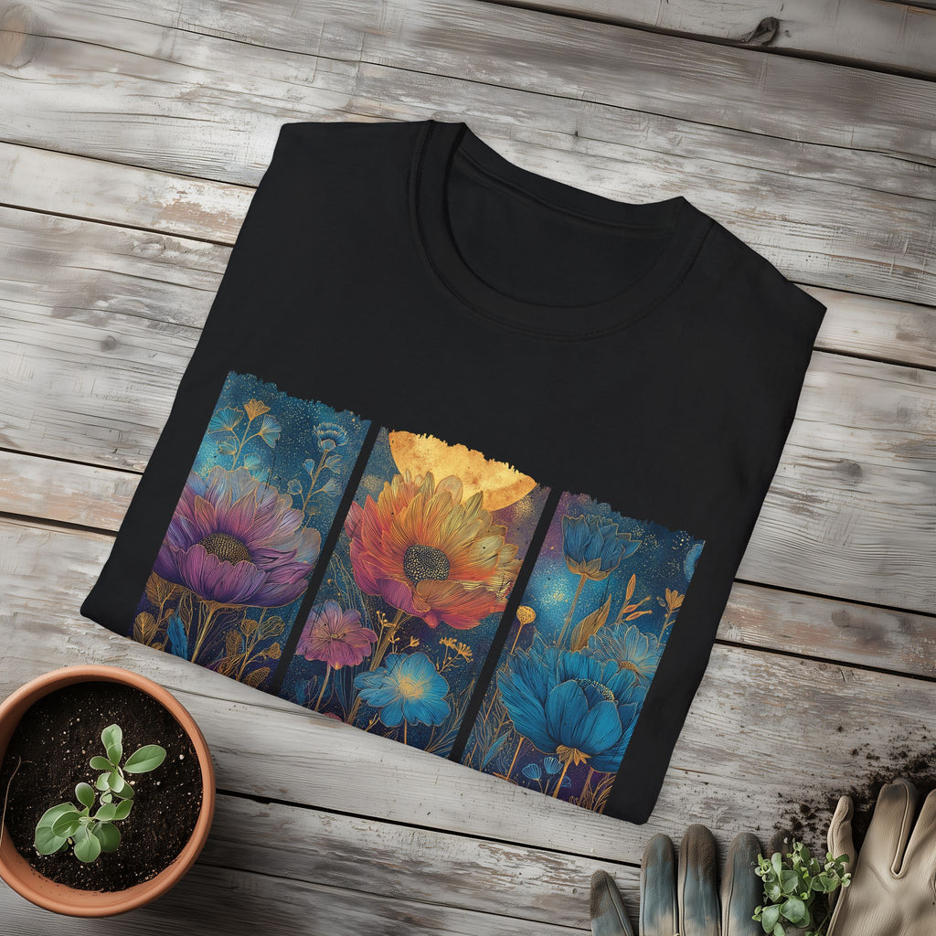 Floral  Brushstroke Triptych Unisex T-Shirt for Gardeners, Nature Lovers, Yoga Enthusiasts