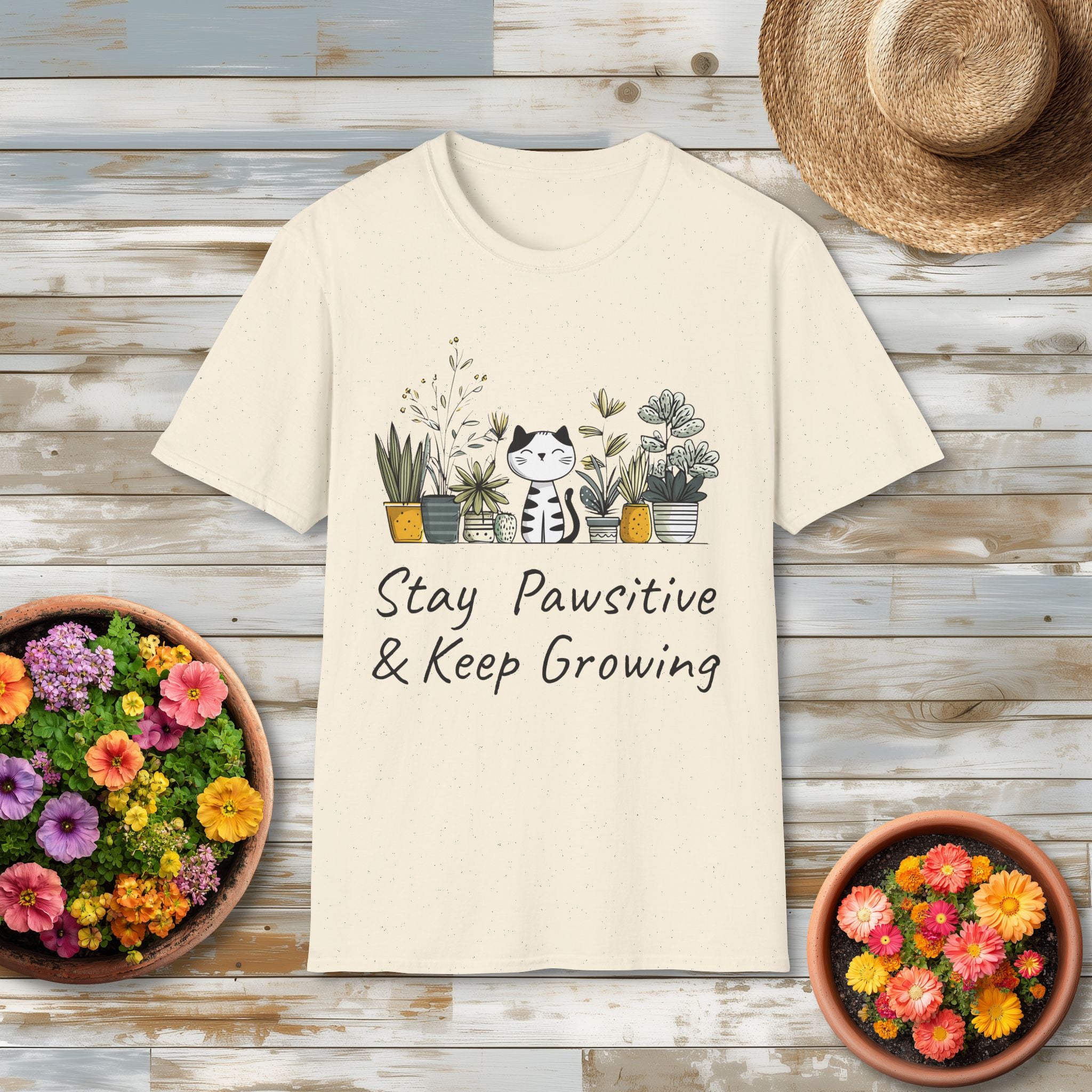 Stay Pawsitive & Keep Growing Cat and Plants T-Shirt